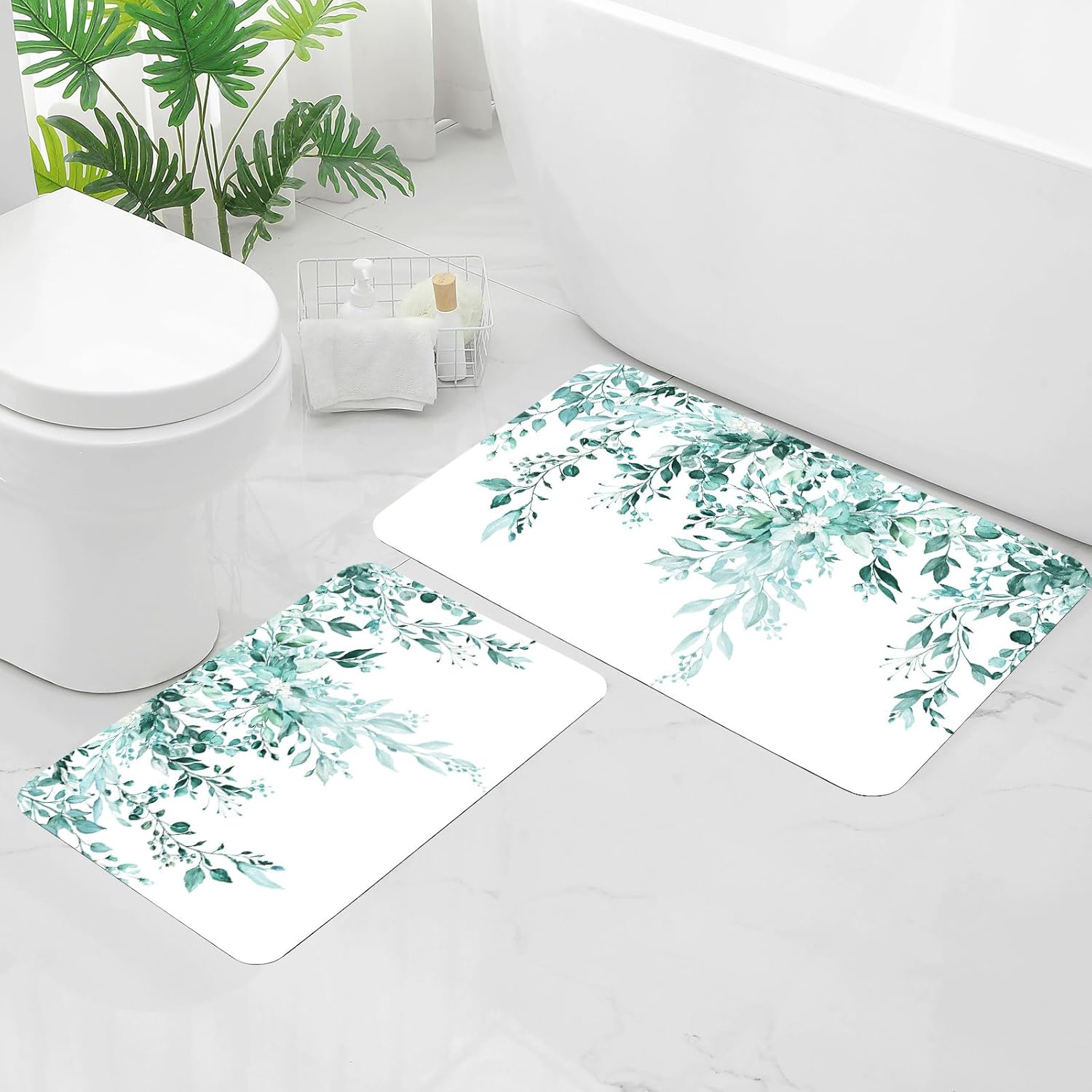 Gibelle Eucalyptus Leaves Bath Mat Rug Set 2 Piece, Super Absorbent Quick Dry Bathroom Rug Set, Non Slip Rubber Backed Bathroom Floor Mat for Tub Shower Sink (17"x24"+20"x32", Teal)