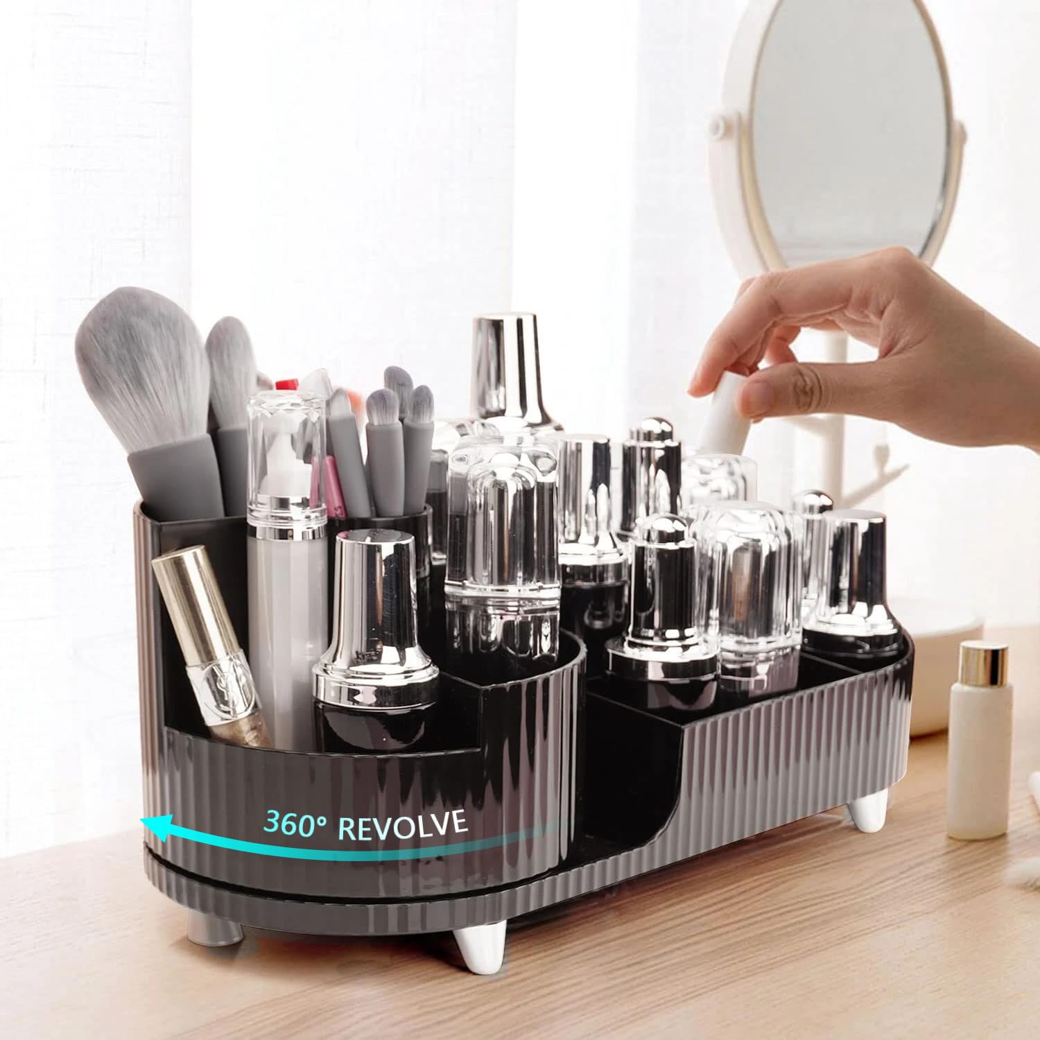 HYTTER Rotating Makeup Organizer for Vanity, Large Make Up Organizer with Makeup Brush Holder, Dresser Cosmetic Storage Case for Countertop, Bathroom, Cosmetic Display Cases (Black)