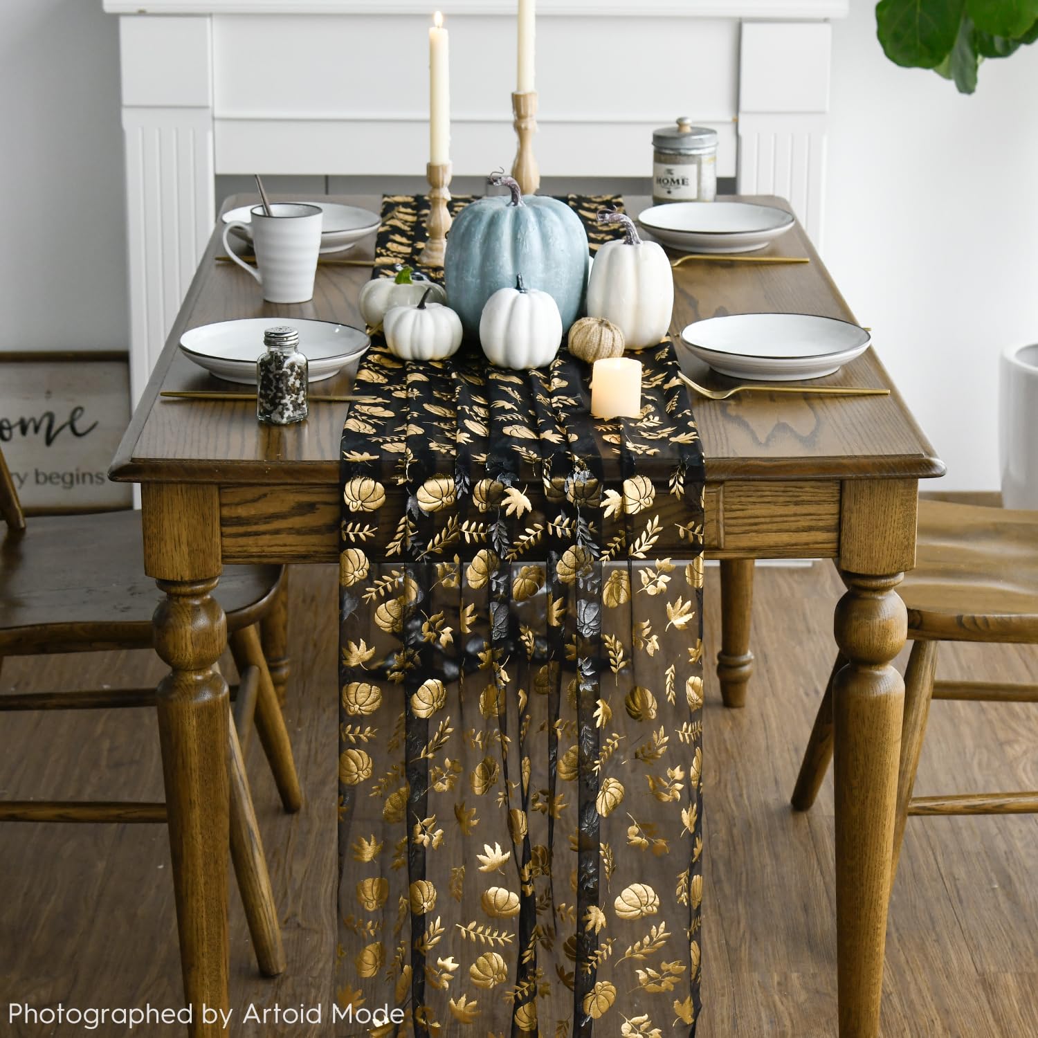 Chemin De Table Automne Gaze Noir Doré - 70x300 Cm - Décor Citrouilles Et Feuilles - Pour Fête, Thanksgiving, Noël