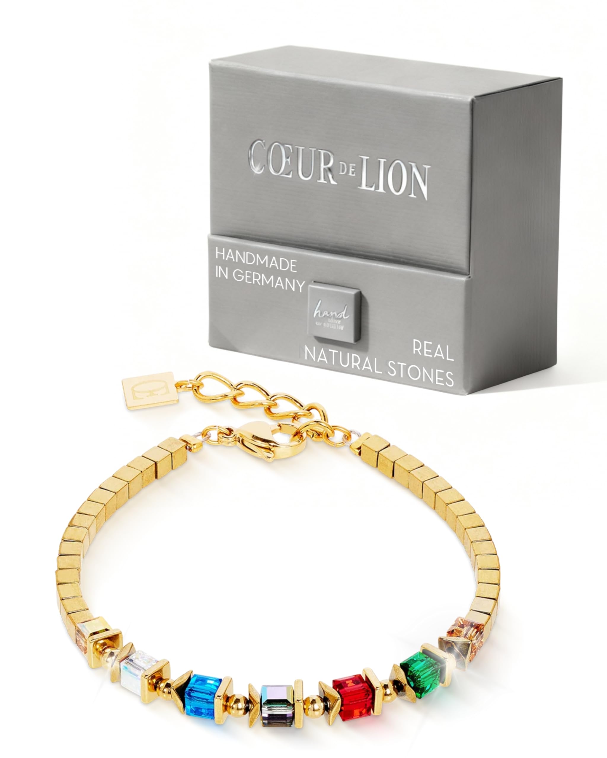 Coeur De Lion Sparkling Cubes Fusion Chain Bracelet Gold-Multicolor I European Crystals & Hematite Cubes I Gold-Toned Stainless Steel I 7.1 + 1.2 Inch