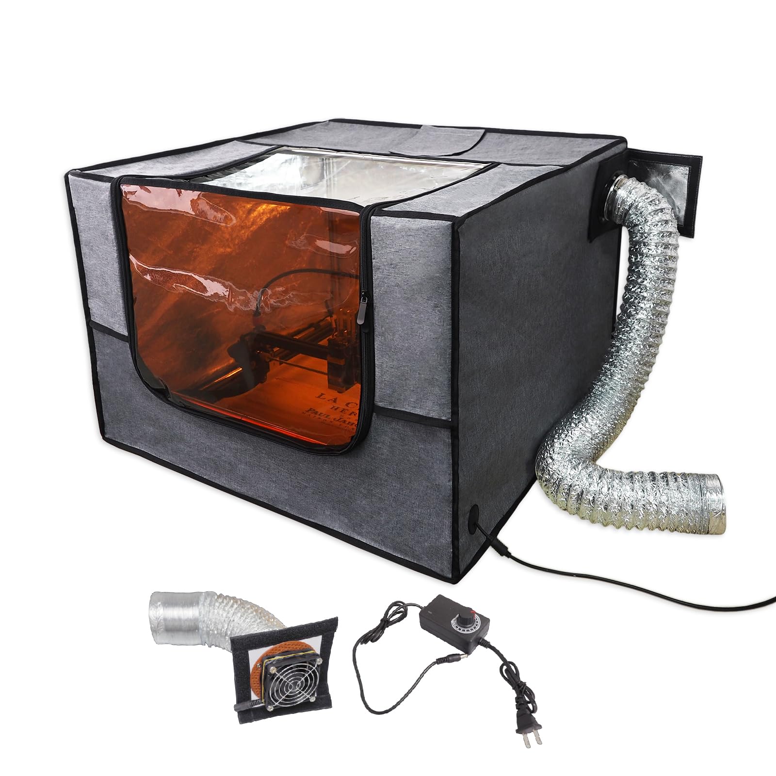 Cabina para grabador láser con ventilador extractor ajustable de 12V y tela resistente al calor