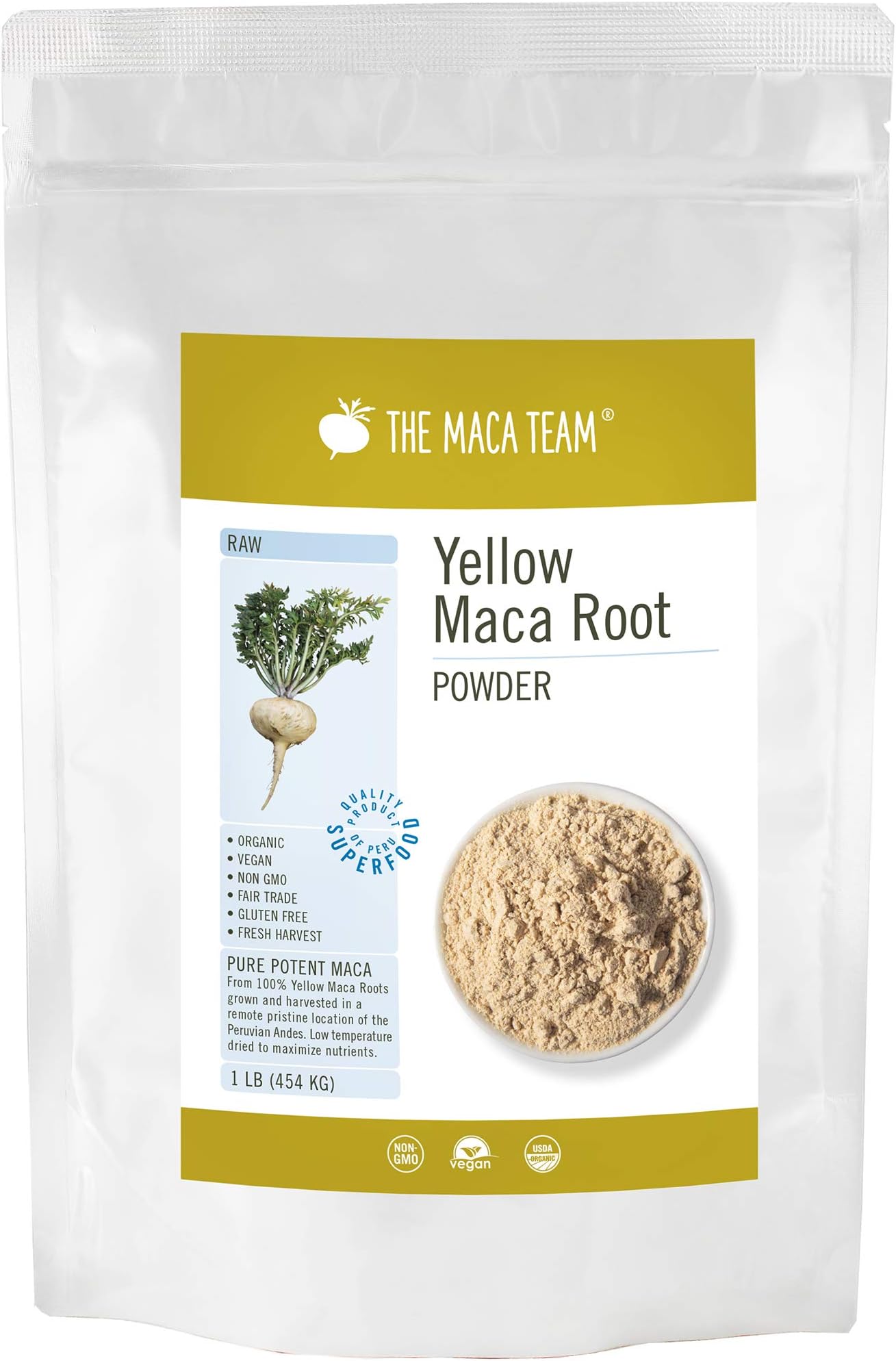 Raw Maca Root Powder Fresh From Peru - Certified Organic, Wildcrafted Harvest, Fair Trade, Gmo-free, Raw & Vegan, 1 Lb, 50 Servings