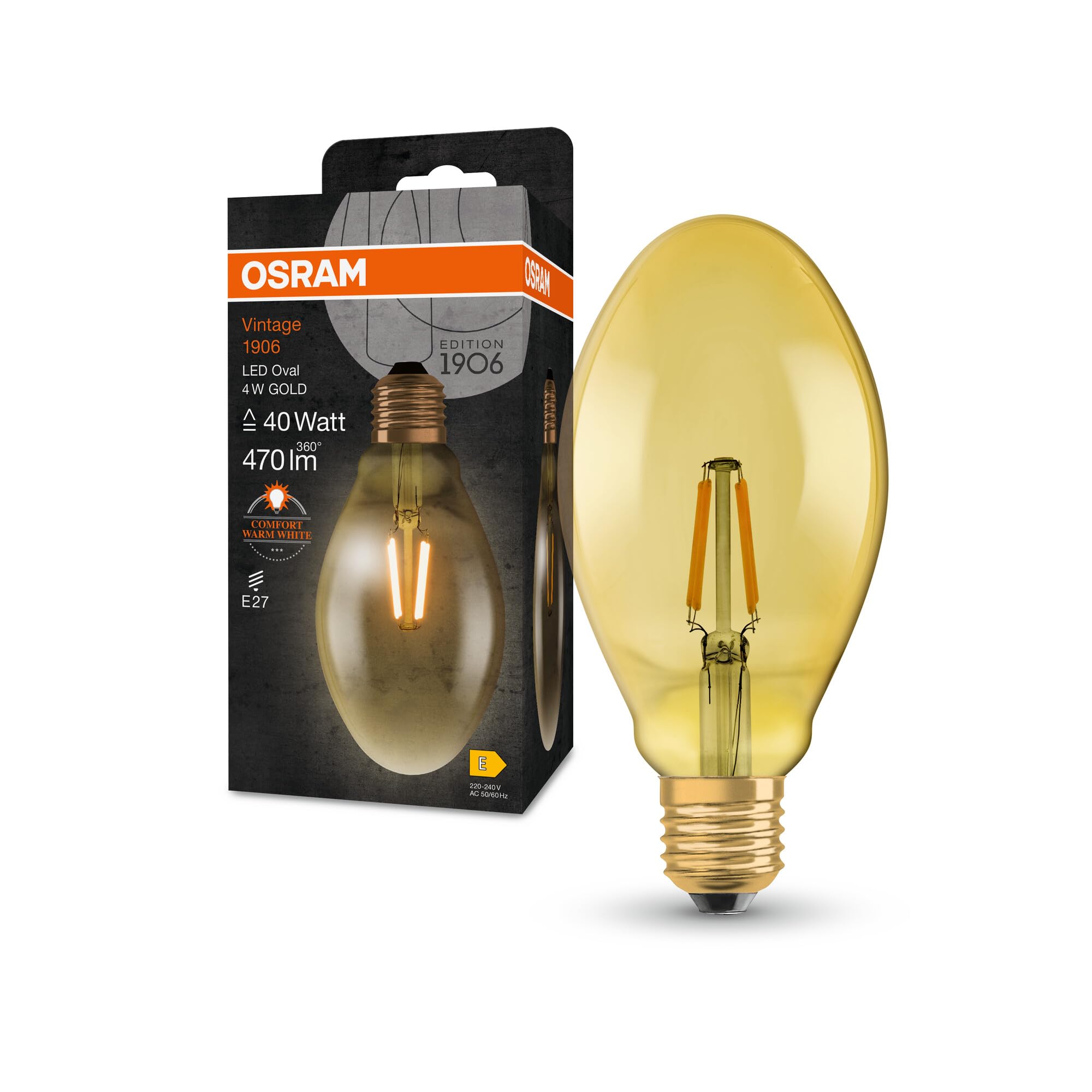 OSRAM Vintage 1906 Classic Oval Fil Led Lamp, E27, Oval, Gold, 4W, 400Lm, 2400K, Warm White Comfort Light Color, Very Low Energy Consumption, Long Life
