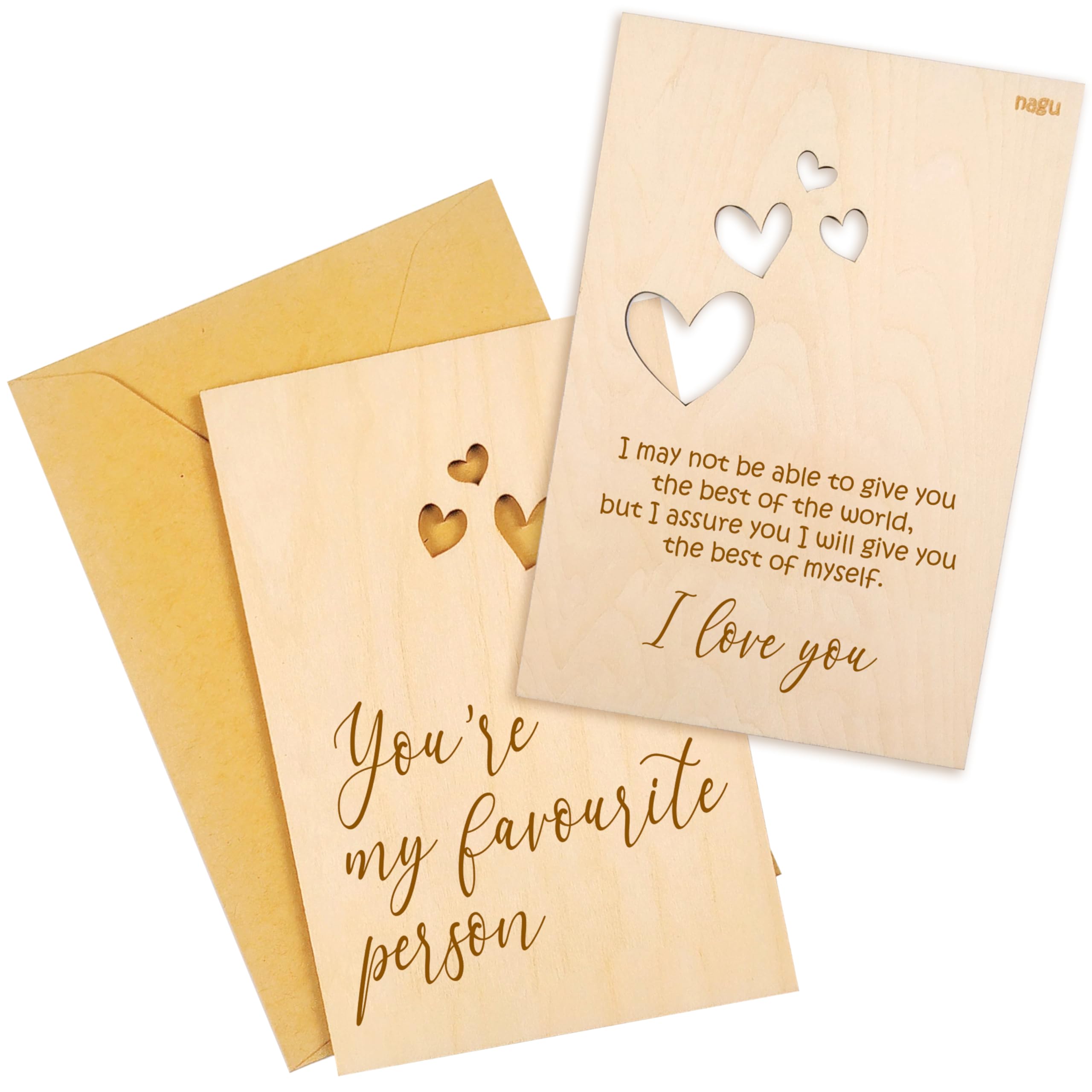 nagu® Wooden Anniversary Card - 4x6 Inches, Sustainable Wood, Cards to Husband, with Love Phrase, Includes Kraft Envelope & Gold Sticker. Romantic gift for Valentine's Day