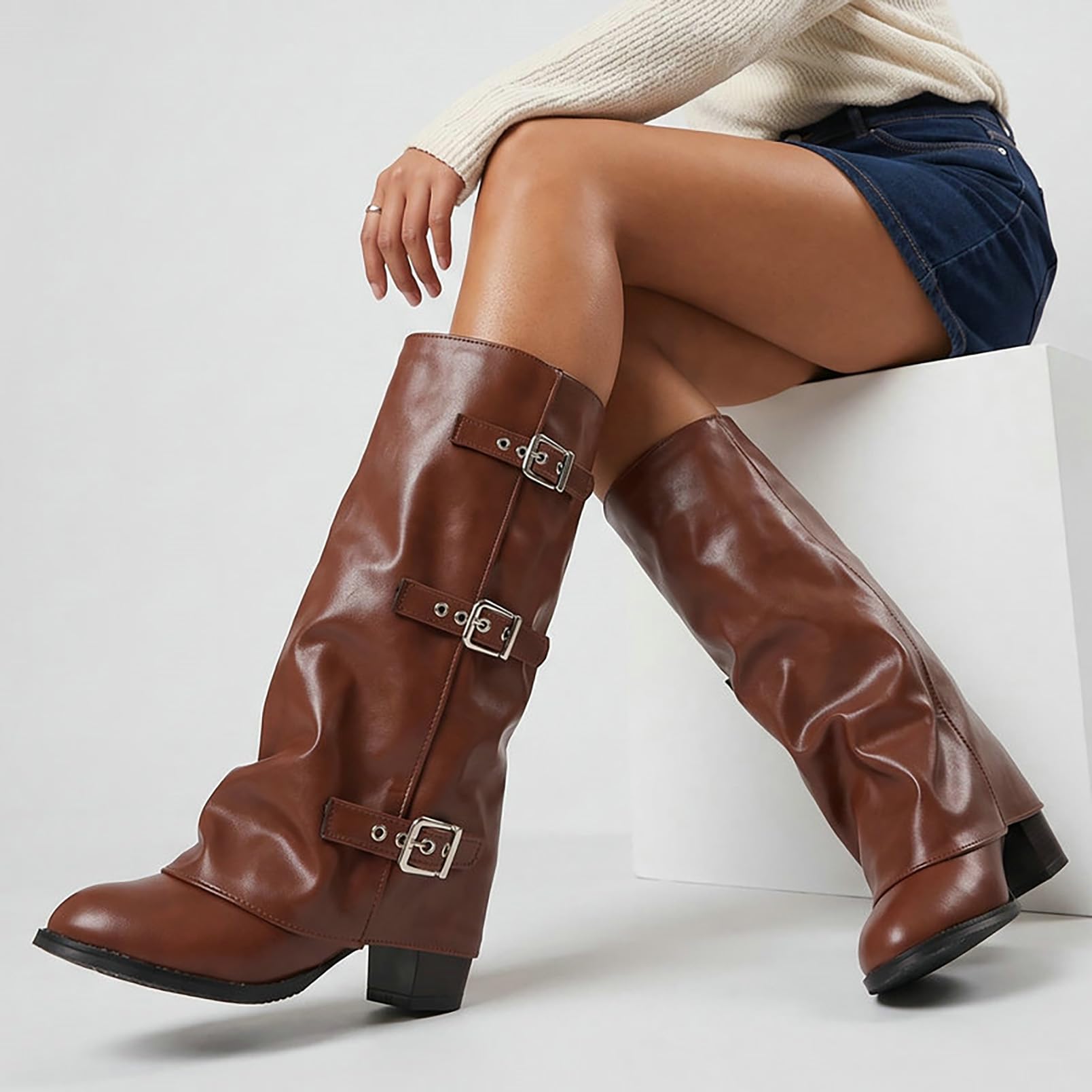 Generico Stivali Donna Alti PU Tacco Largo Stile Equestre Casual Autunno Inverno