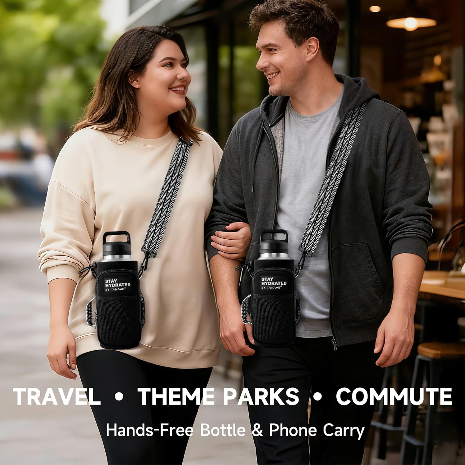 Water Bottle Holder with Strap, Neoprene Crossbody Carrier, Phone Pocket, 1.46" Wide Strap, Fits 24-40oz - Image 2