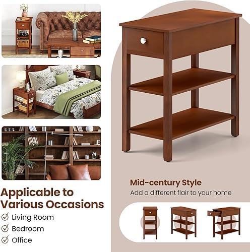 Miniatura 8 de Giantex Juego de mesa auxiliar estrecha de 2, mesas auxiliares de granja con cajón y estantes de almacenamiento, mesa auxiliar de sofá de madera,