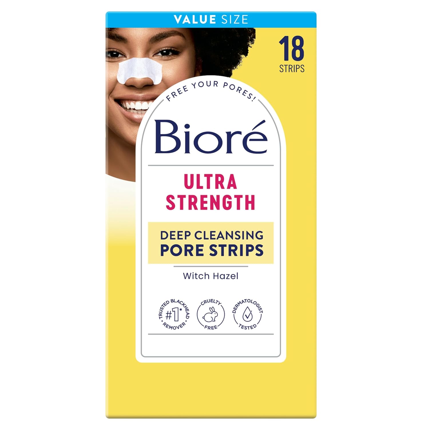 Bioré Witch Hazel Ultra Strength Blackhead Remover Pore Strips, Clears Pores up to 2x More than Original Pore Strips, features C-Bond Technology, Oil-Free, Non-Comedogenic Use, 18 Count