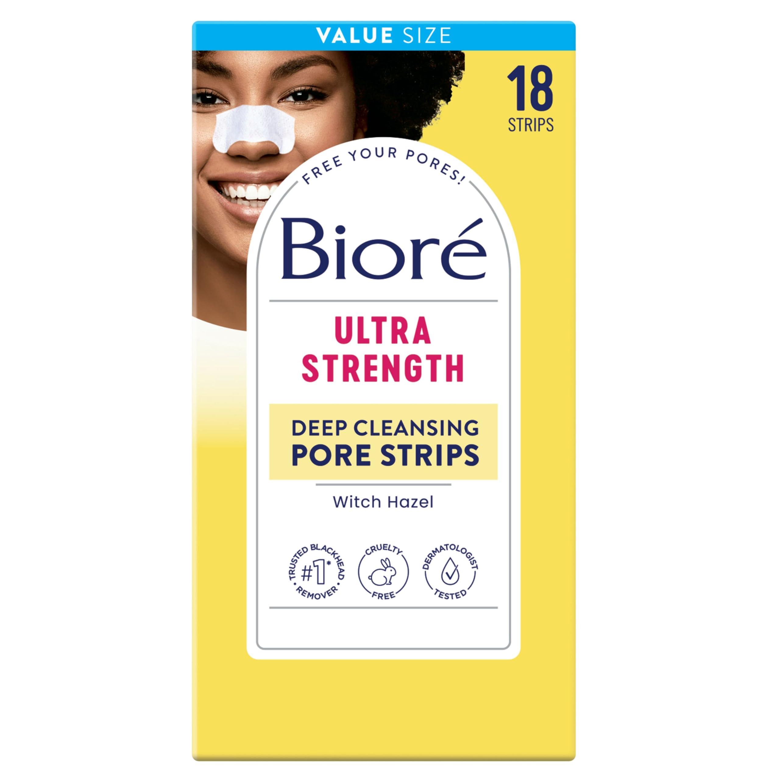 Biore Witch Hazel Blackhead Remover Pore Strips, Nose Strips, Clears Pores up to 2x More than Original Pore Strips, features C-Bond Technology, Oil-Free, Non-Comedogenic Use, 18 Count