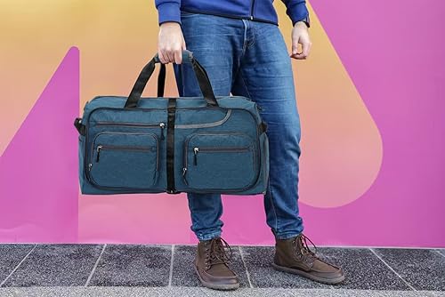 Miniatura 7 de Bolsa de viaje plegable de 65 litros con compartimento para zapatos y bolsillo húmedo, impermeable y resistente a desgarros, A4-azul oscuro