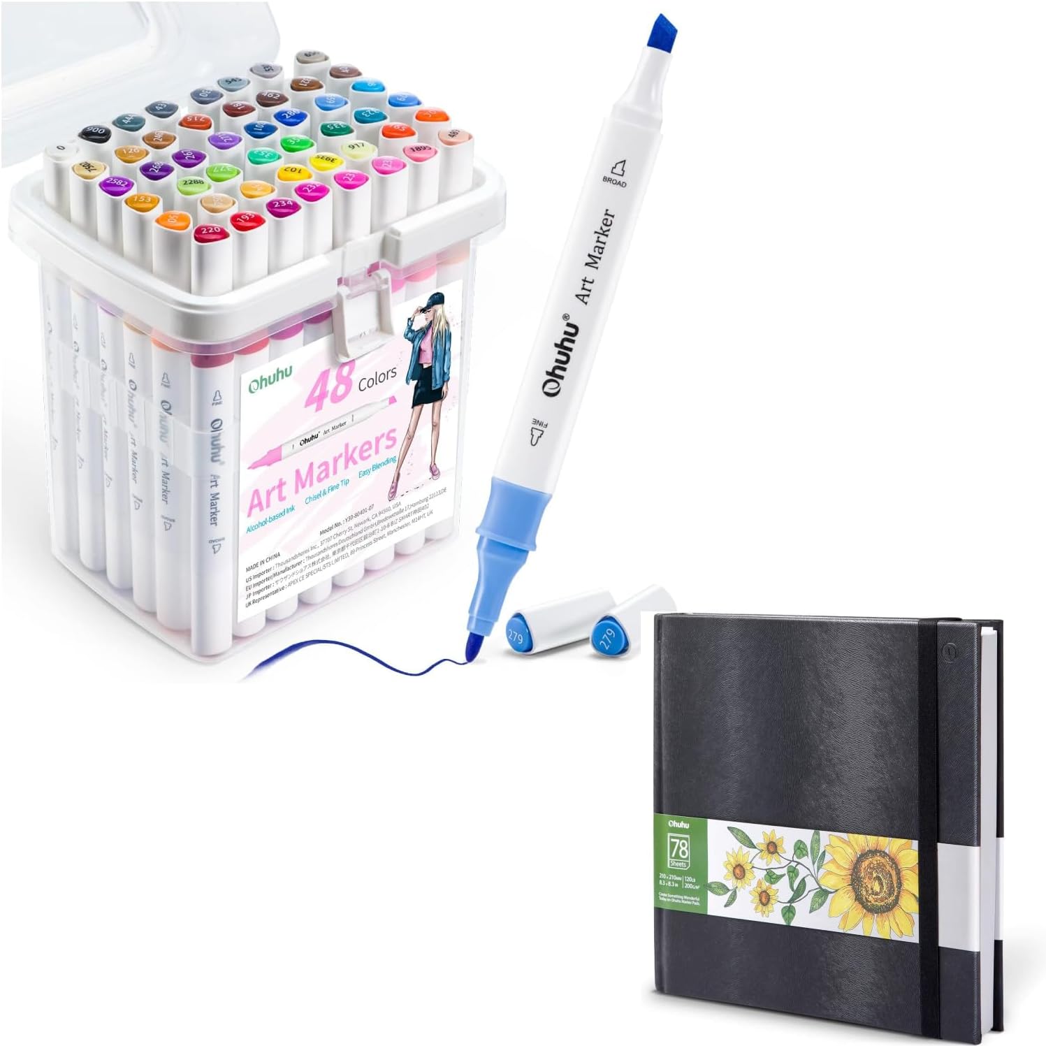 Ohuhu Alcohol Markers Fine Chisel Dual Tips 48 Colors Great Value Pack Sketchbook Marker Paper Pad 78 Sheets