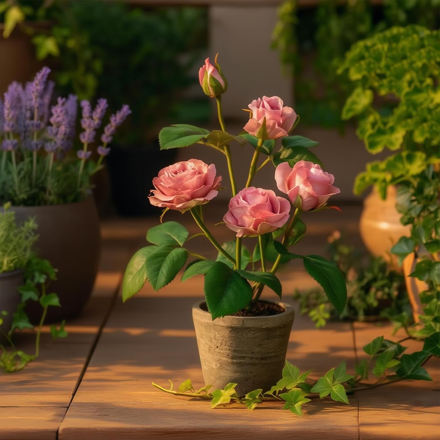 Rose in Pot Decor Potted Artificial Flowers Mini Plants Faux Flowers Indoor Small Decor Fake Roses for Home, Bathroom, Kitchen, Offices, Wedding Party Centerpieces (Rose Light Purple)