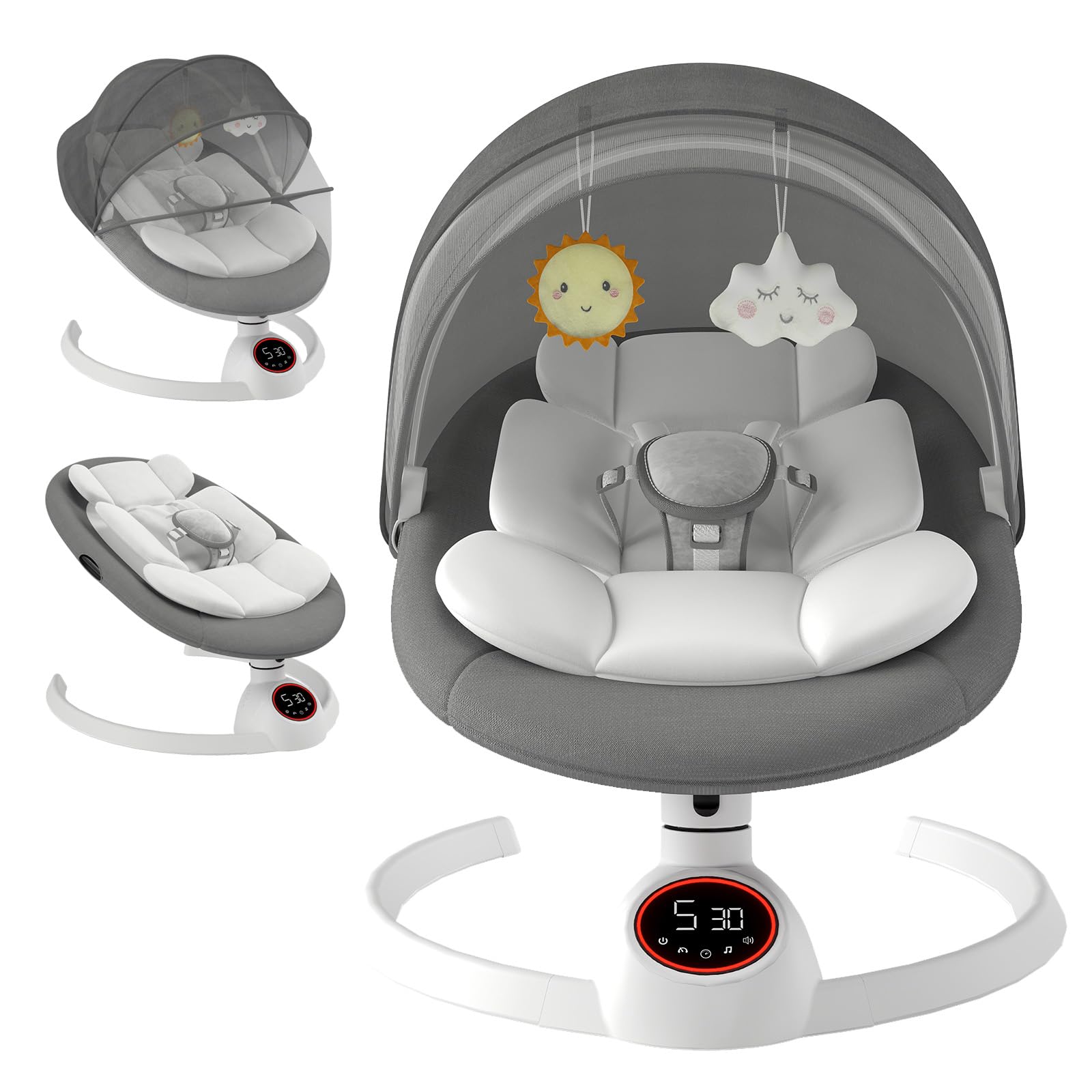Silla mecedora eléctrica para bebé desde el nacimiento, mecedora Bluetooth con 5 velocidades de oscilación, temporizador de 3 etapas y control remoto, mecedora portátil para bebé, pantalla táctil