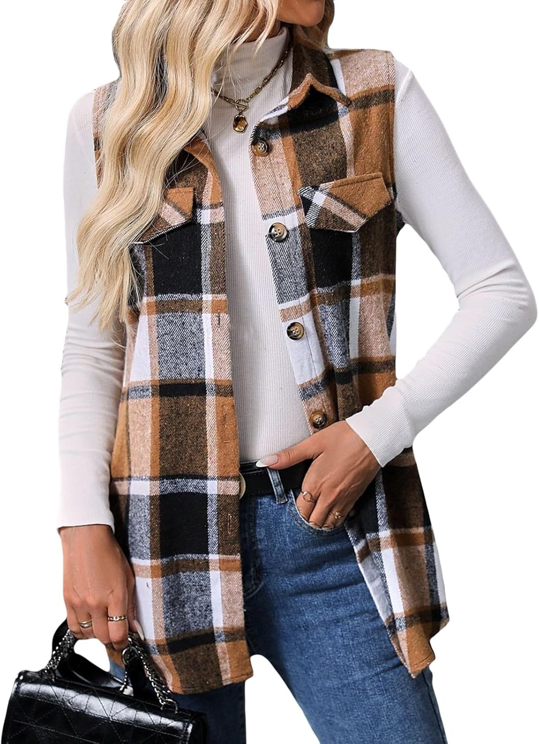 Wowcarbazole Womens Plaid Vest Button Down Sleeveless Lapel Neck Long Vest Tops Outerwear Casual Flannel Waistcoat Jackets