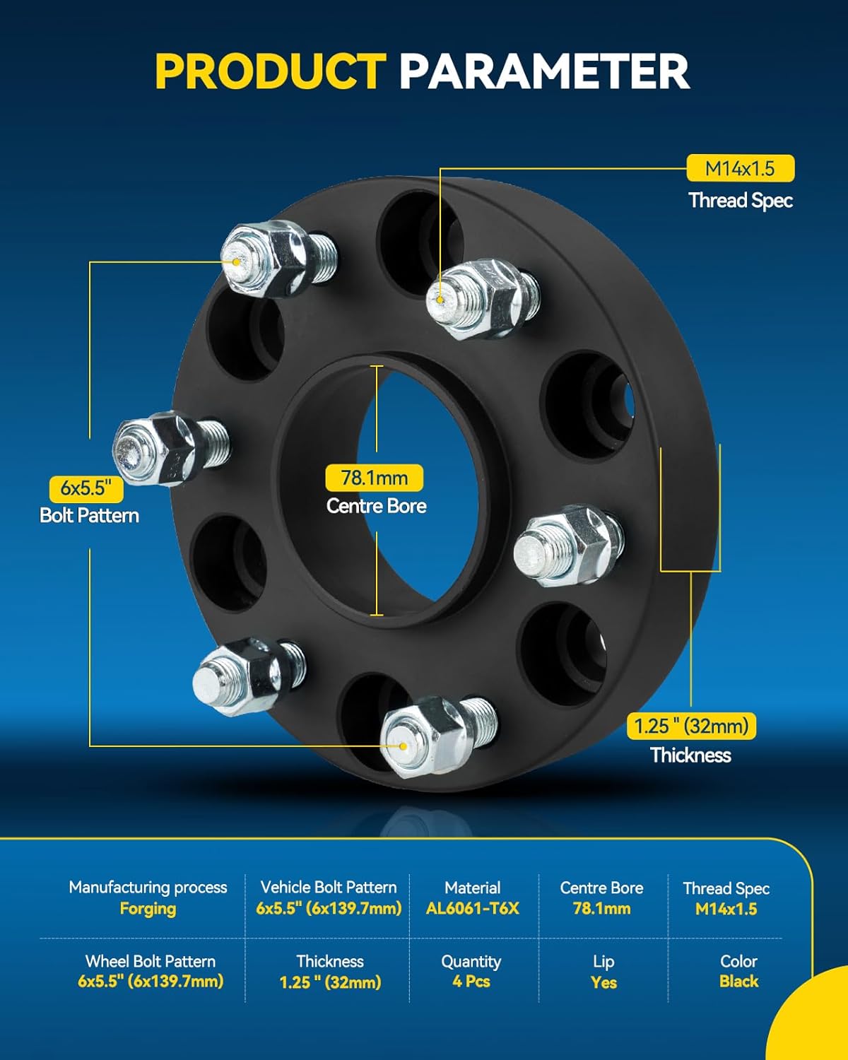 PHILTOP 6x5.5 1.25" Wheel Spacers for Silverado 1500, 4 Pcs 6x139.7mm Hub Centric Wheel Spacers with 78.1mm Hub Bore M14x1.5 Studs fit for 1500, Sierra 1500, Tahoe, Yukon, Suburban 1500