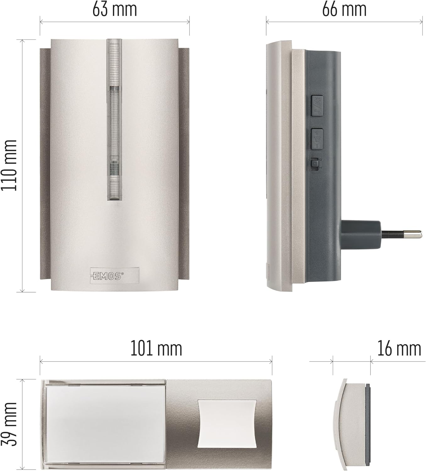 Technical drawing showing the dimensions of the EMOS wireless door chime receiver (63mm width, 110mm height, 66mm depth) and the transmitter (101mm length, 39mm width, 16mm depth).