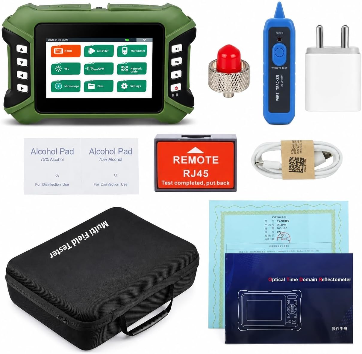 Techtest Upgraded Optical Time Domain Reflectometer Otdr SCAPC/FCPC Tester Dual Wavelength 1310/1550nm 26/24db with Touch Screen Vfl Visual Fault Locater Laser Source Optical Power Meter OTDR