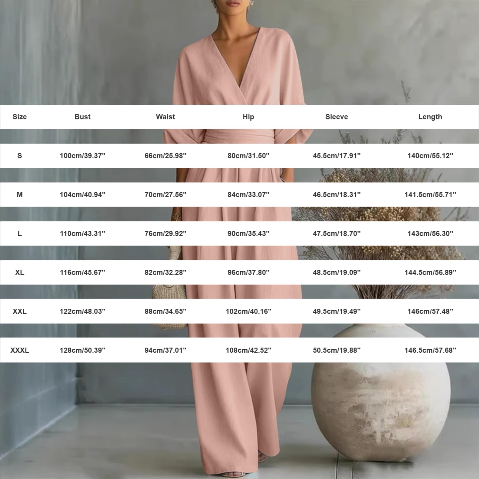 Tuta estiva da donna, elegante, con maniche, lunga e sciancrata | Tuta con pantaloni, a gamba larga, con tasche, scollo a V, tutina per ospiti di nozze, per feste