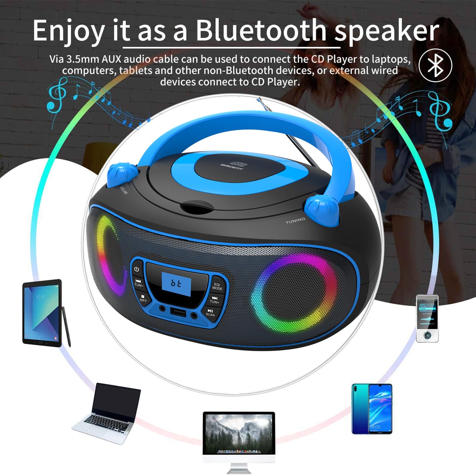 Reproductor de CD portátil Boombox, Bluetooth, Radio FM, USB, reproducción de MP3, Compatible con CD-R/CD-RW, Radio y Reproductor de CD