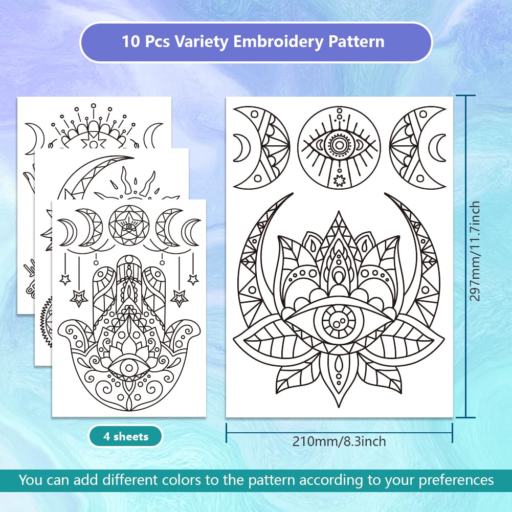 GLOBLELAND 4 Sheets Hamsa Hand Water Soluble Stabilizer Tarot Evil Eye Hand Embroidery Stick and Stitch for DIY Sewing Embroidery Adhesive Hand Sewing Stabilizers 11.7x8.3inch