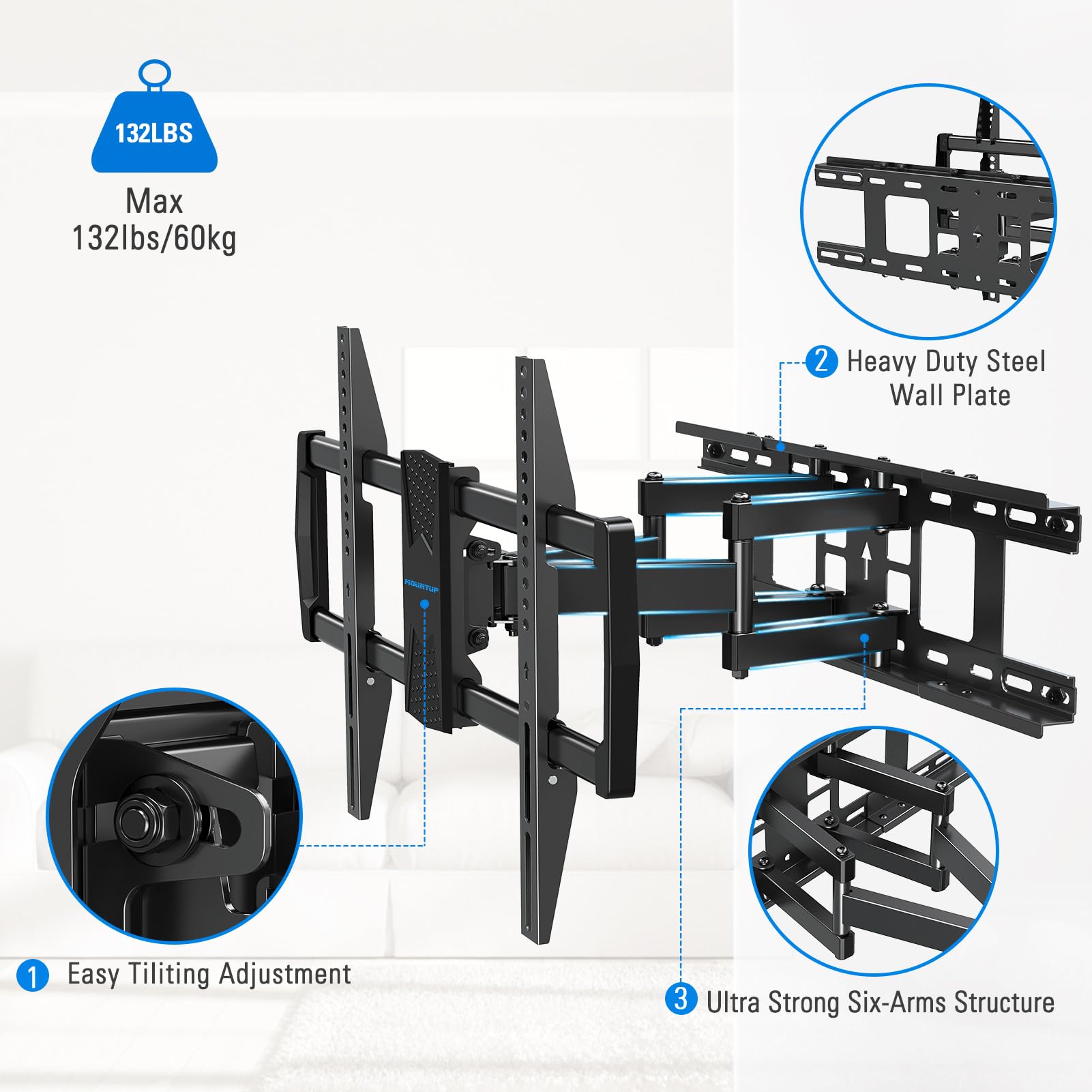 MOUNTUP Soporte de pared para TV, movimiento completo, giratorio e inclinable para televisores de 42 a 70 pulgadas, pantalla planacurva, soporte articulado de pared para TV con Max VESA 600 x 400