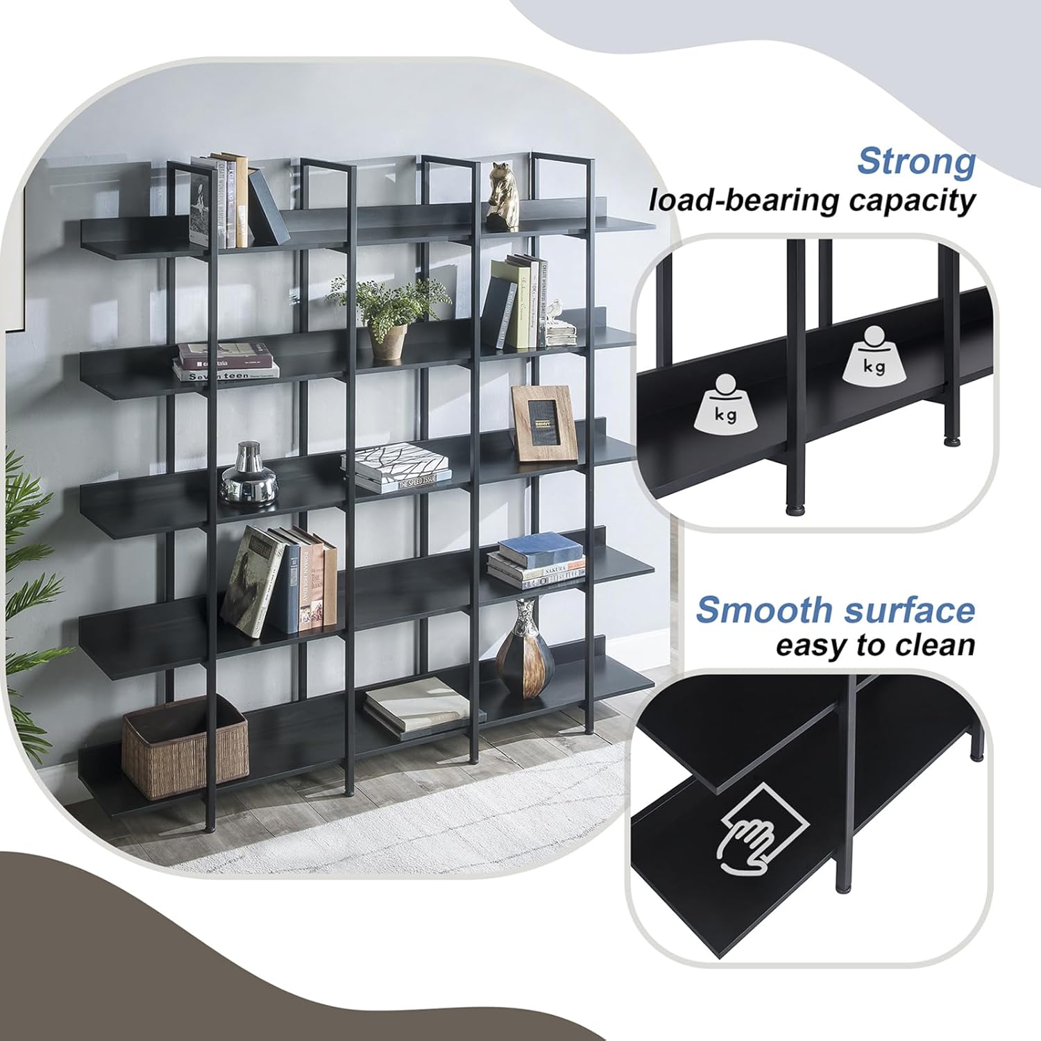 Wood Bookcase and Bookshelves Triple Wide 5-Tiers Large Open Shelves Multi Functional Room Divider Bookcases with Back Fence for Home Office (Black Frame with Black Shelf)