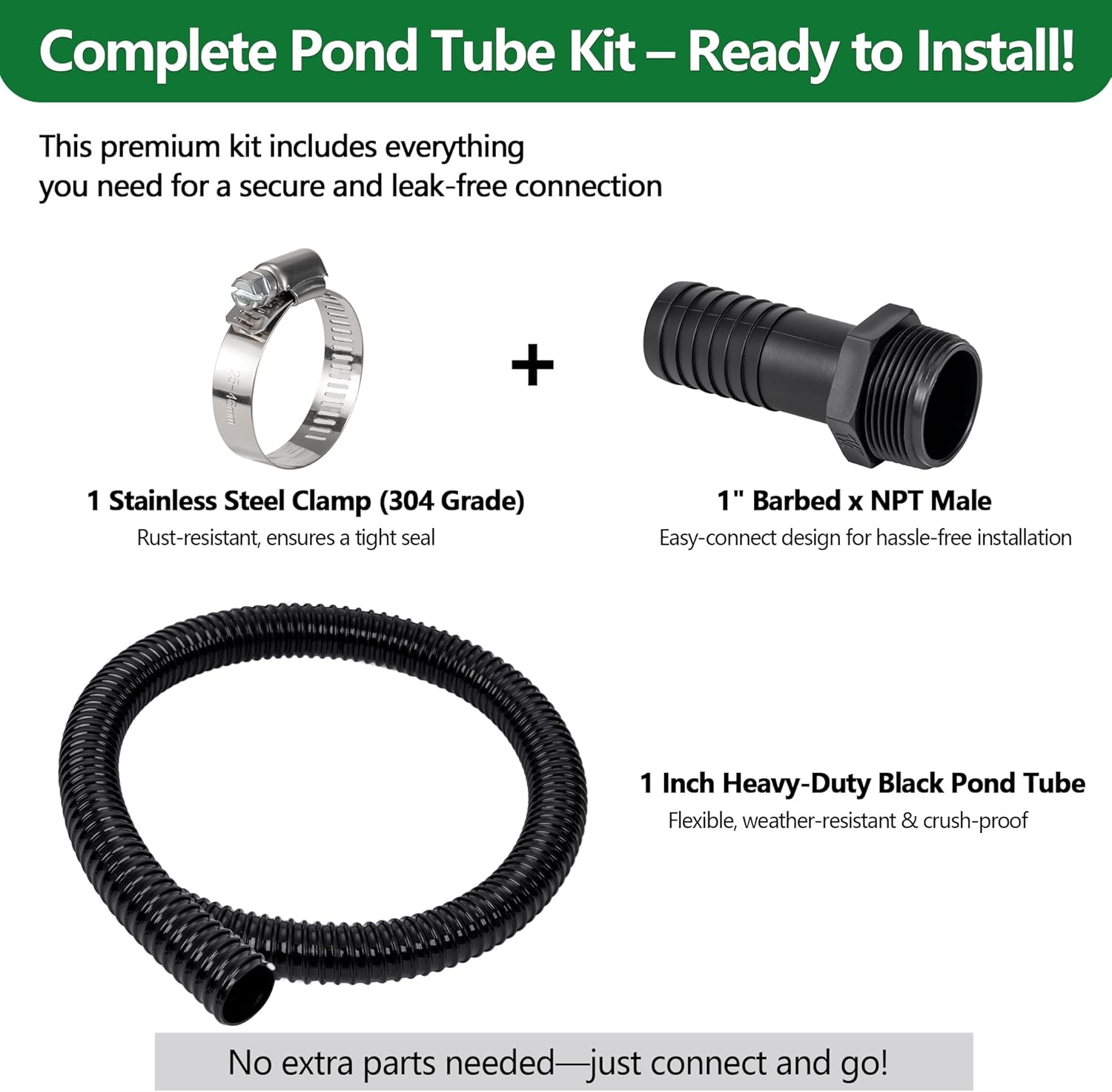 1" ID Pond Tubing 10ft Black, Reinforced PVC Corrugated Hose - Kink-Proof, Includes 1 Stainless Steel Clamp & 1" Barbed x NPT Male Adapter for Ponds, Waterfalls, Pumps, Filters & Drainage