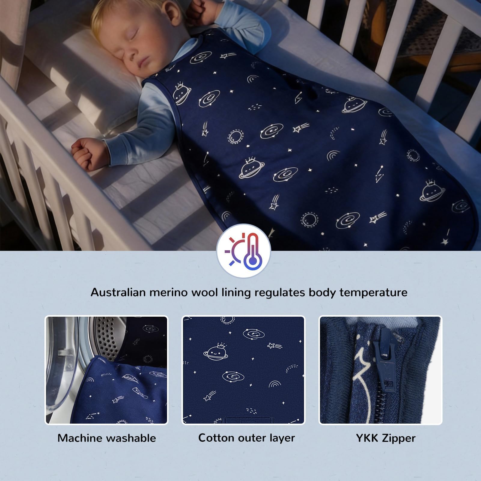 HECCEI Baby Schlafsack aus Merinowolle-Futter für 4 Jahreszeiten, 2-Wege Reißverschluss für Babys und Kleinkinder