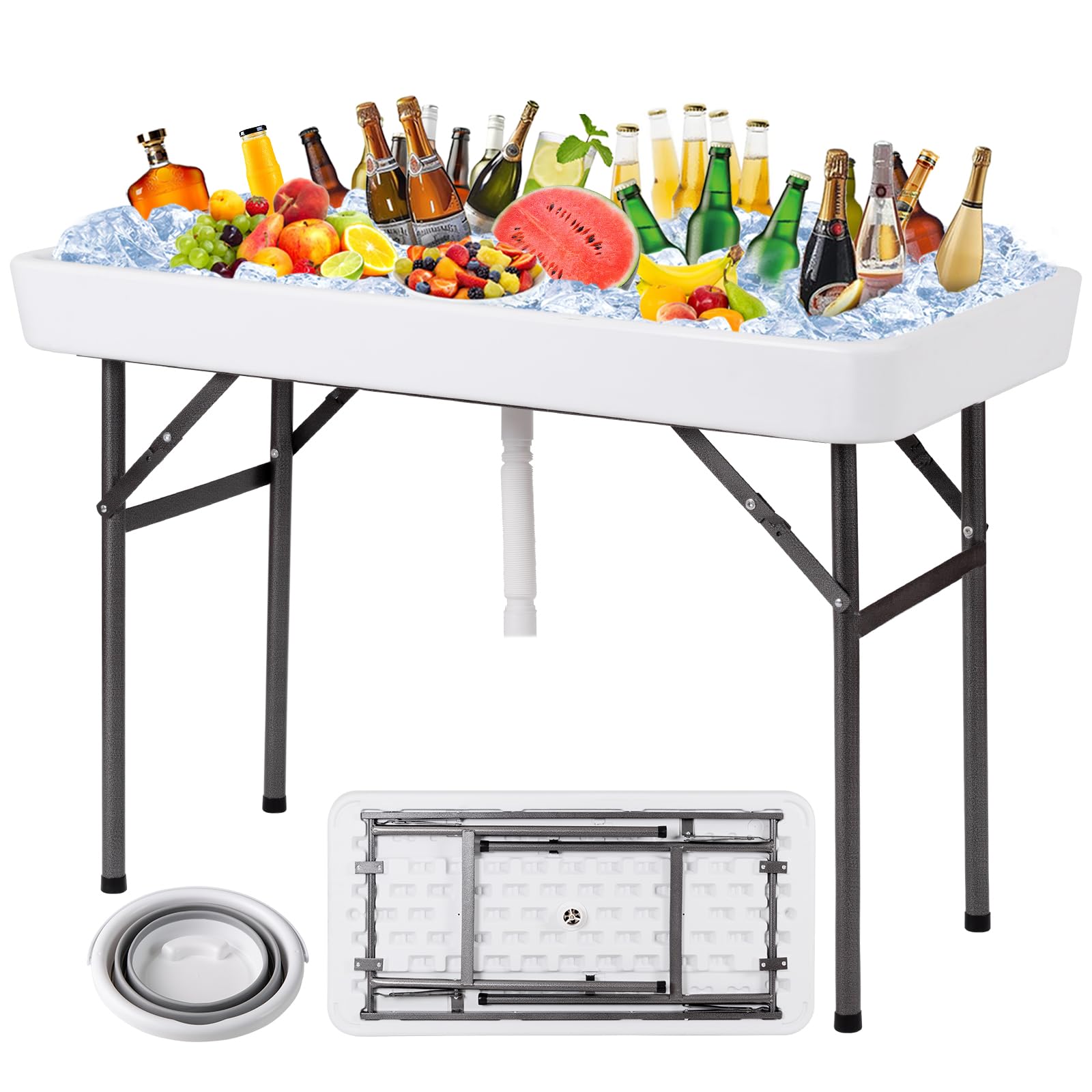 KOTEK Folding Ice Cooler Table with Matching Skirt, Drain Hose & Bucket, Foldable Buffet Beverage Cooler Server, Portable Chill Table for Party,