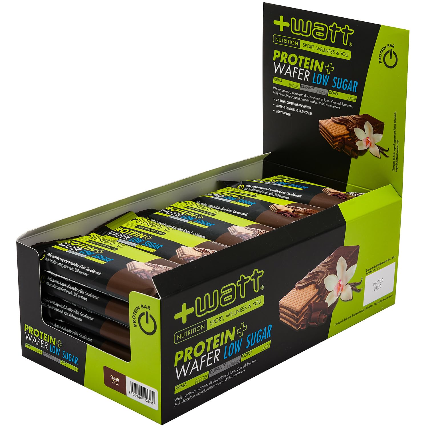 Protein+ Wafer Low Sugar, Barretta Proteica senza Zuccheri Aggiunti, +WATT (Box 25 pezzi, Cacao)