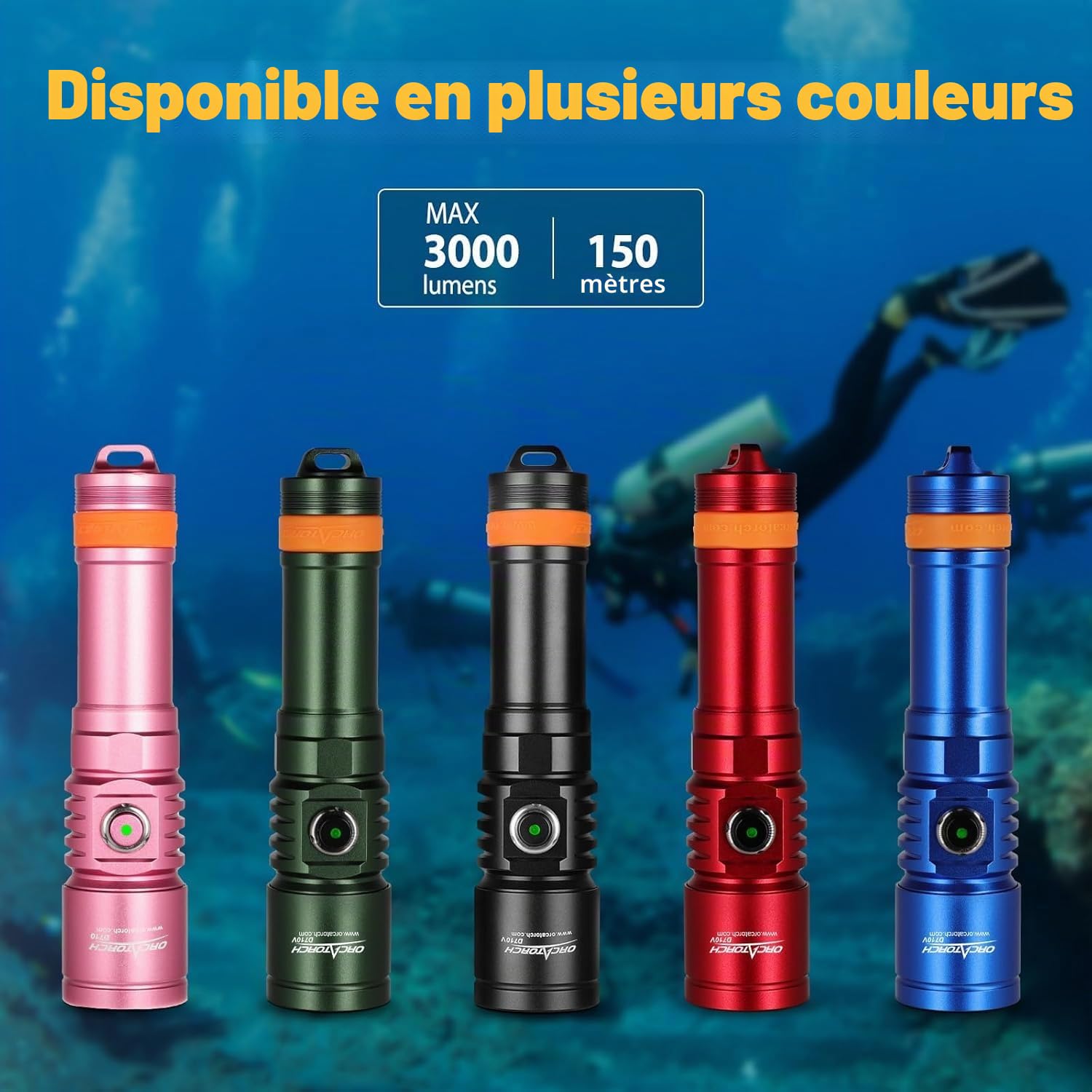 ORCATORCH D710 Lampe de poche sous-marine 3000 lumens avec faisceau étroit de 6 degrés, IP68 étanche avec indicateur de batterie (nuar)