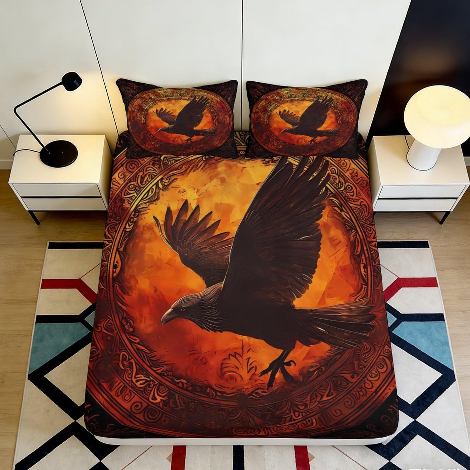3D Printed Raven Pattern Fitted Sheet Microfiber Soft Breathable Crow Design Mattress Cover for Bedroom Dormitory Guest Room Protection Decor 200x200x25cm