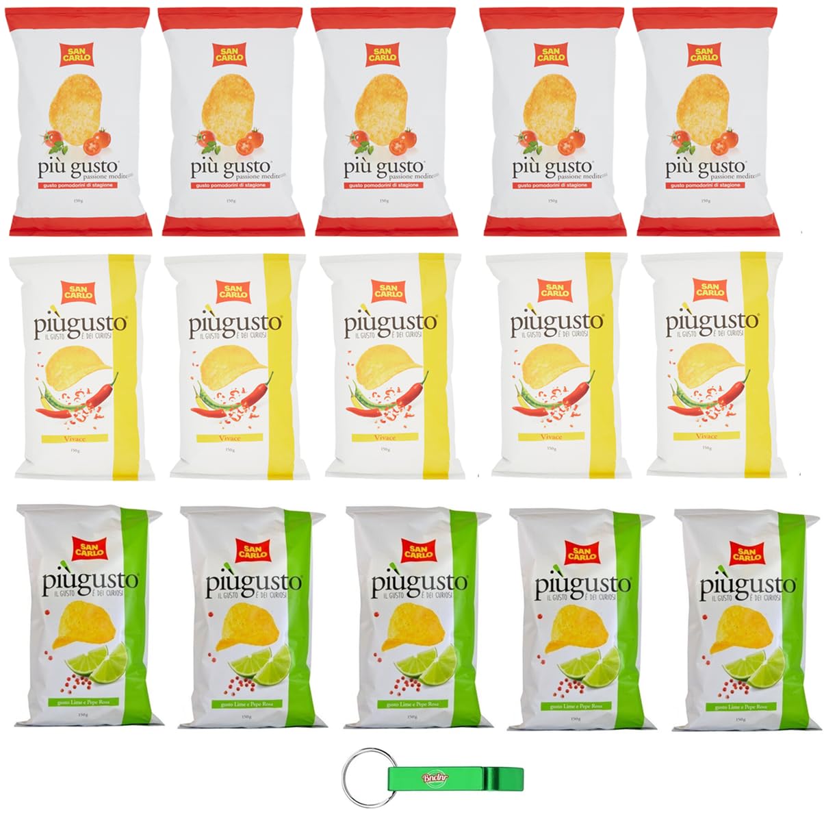 15x Testpaket San Carlo Più Gusto Patatine,Paprika + Limette und rosa Pfeffer + Kirschtomaten - Kartoffelchips Chips,150g Beutel + Beni Culinari Kostenloser Schlüsselanhänger