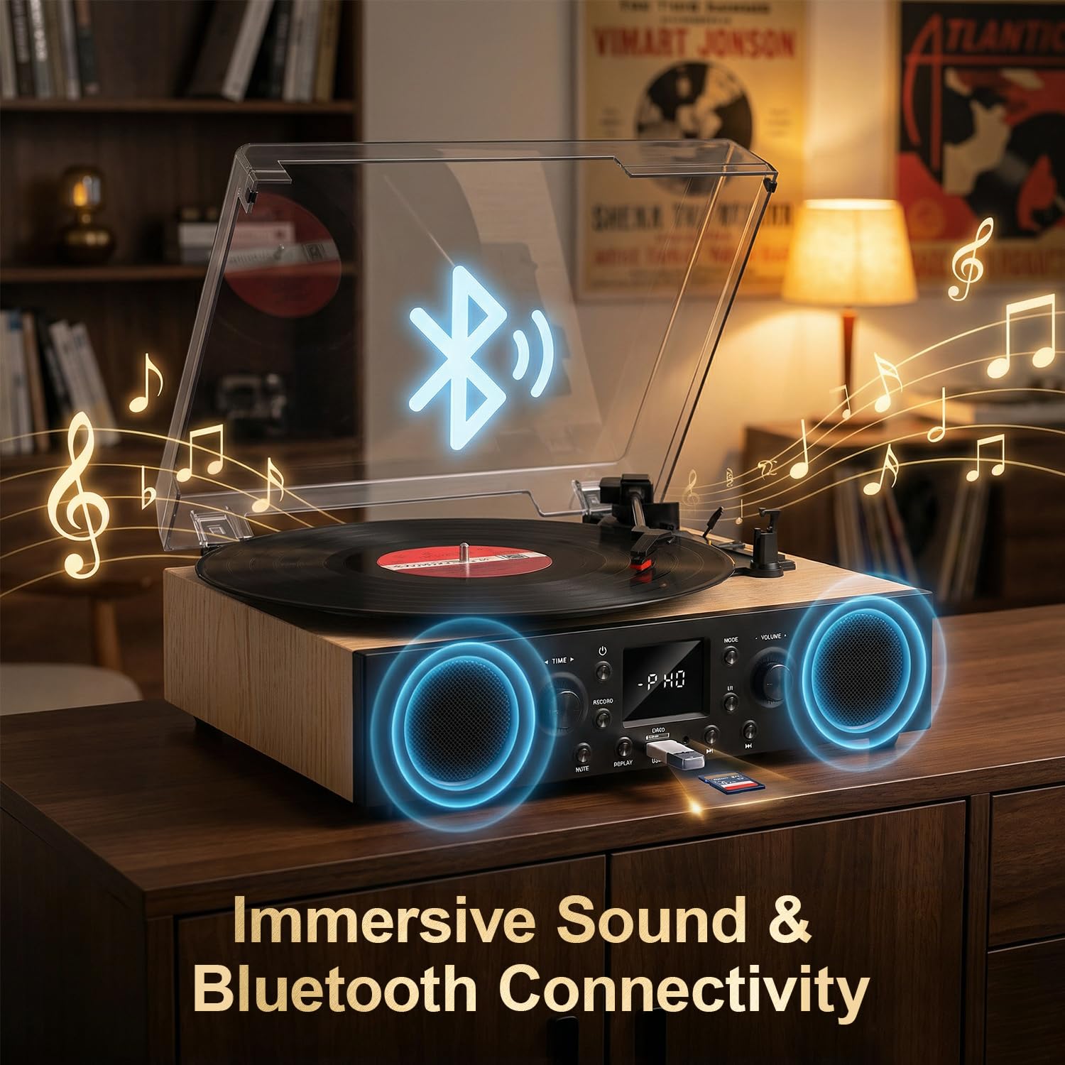 Odtwarzacz płyt z wbudowanymi głośnikami, gramofon Bluetooth w stylu vintage, 3 prędkości, z nagrywaniem USB, odbiorem Bluetooth, wyjściem liniowym RCA i wejściem AXU, radiem FM, odtwarzaczem płyt