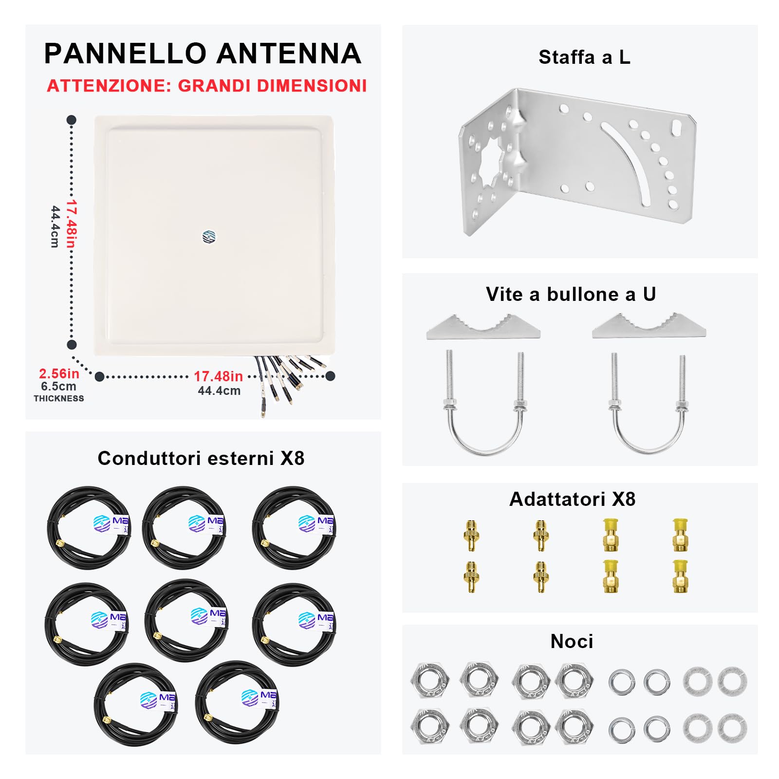Maswell Antenna esterna MIMO 4G LTE 5G 8X8, 600-8000MHz, 10dBi ad alto guadagno, con cavo coassiale professionale equivalente LMR240 per T-Mobile, Verizon, AT&T, WiFi 7 Ready