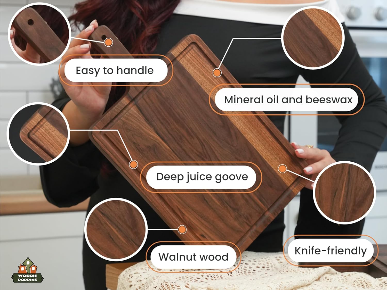 Premium American Dark Walnut Wood Cutting and Serving Board with Handle - Charcuterie Wooden Board - Durable, Stylish, and Versatile - Juice Groove - 16x9x0.8 in - Woodie Poppins - Image 3