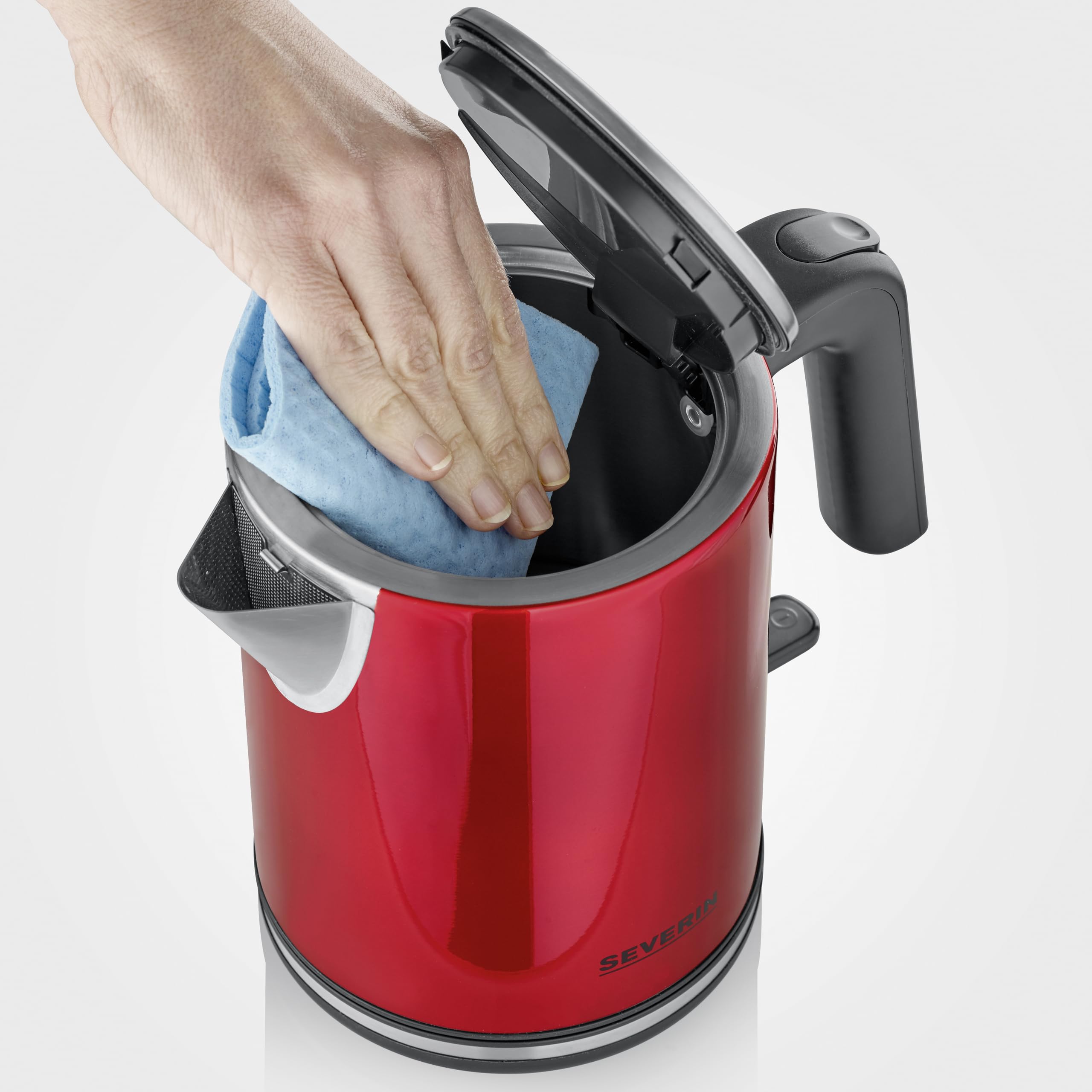 SEVERIN Hervidor eléctrico 1 L, tetera con indicador de nivel de agua, filtro antical, abertura de tapa XXL, potente y compacto, 2.400 W, rojo - negro - acero inoxidable, WK 3427