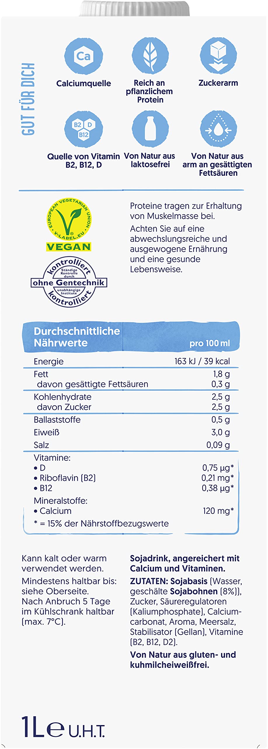 Alpro Bebida de soja original, vegana y sin lactosa, rica en proteínas vegetales, con calcio y vitaminas, paquete de 12 unidades (12 x 1 l) UHT