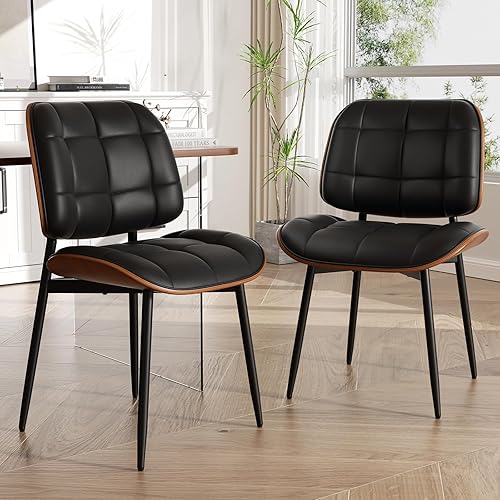 Juego de 2 sillas de comedor, modernas sillas de comedor negras de mediados de siglo, sillas de cocina tapizadas de piel sintética con cojín grueso