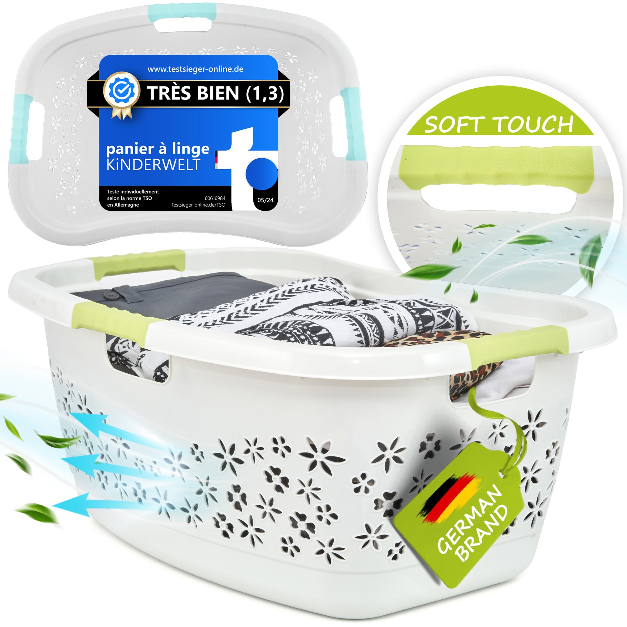 Panier à linge blanc et bleu 50 Litres ajouré avec poignées ergonomiques confort