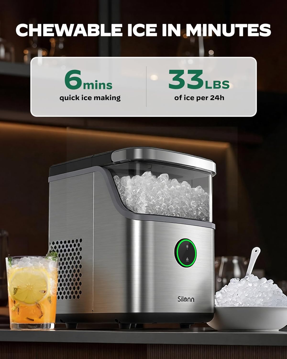 Silonn Nugget Ice Maker Countertop, Ice Basket with Handle, Quiet Operation & Self Cleaning Ice Machine, Chewable Ice, 33 lbs/24H, Portable Pellet Ice Maker with Scoop for Home, Kitchen and Office