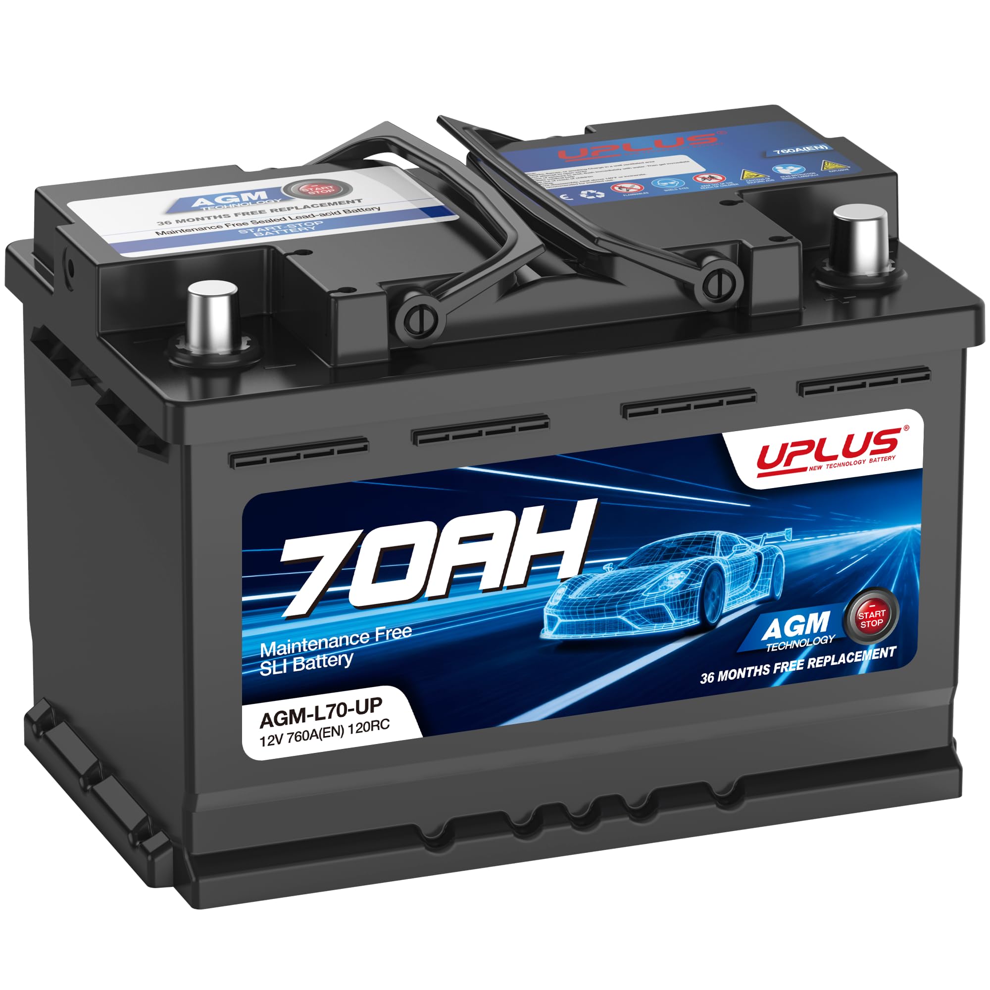 UPLUS 12V 70Ah 760A(EN) AGM Start-Stop Autobatterie AGM-L70-UP | Links: - Rechts: +, wartungsfrei, für Start-Stopp-Fahrzeuge. 278L×175B×190H(mm), vor Kauf Maße prüfen