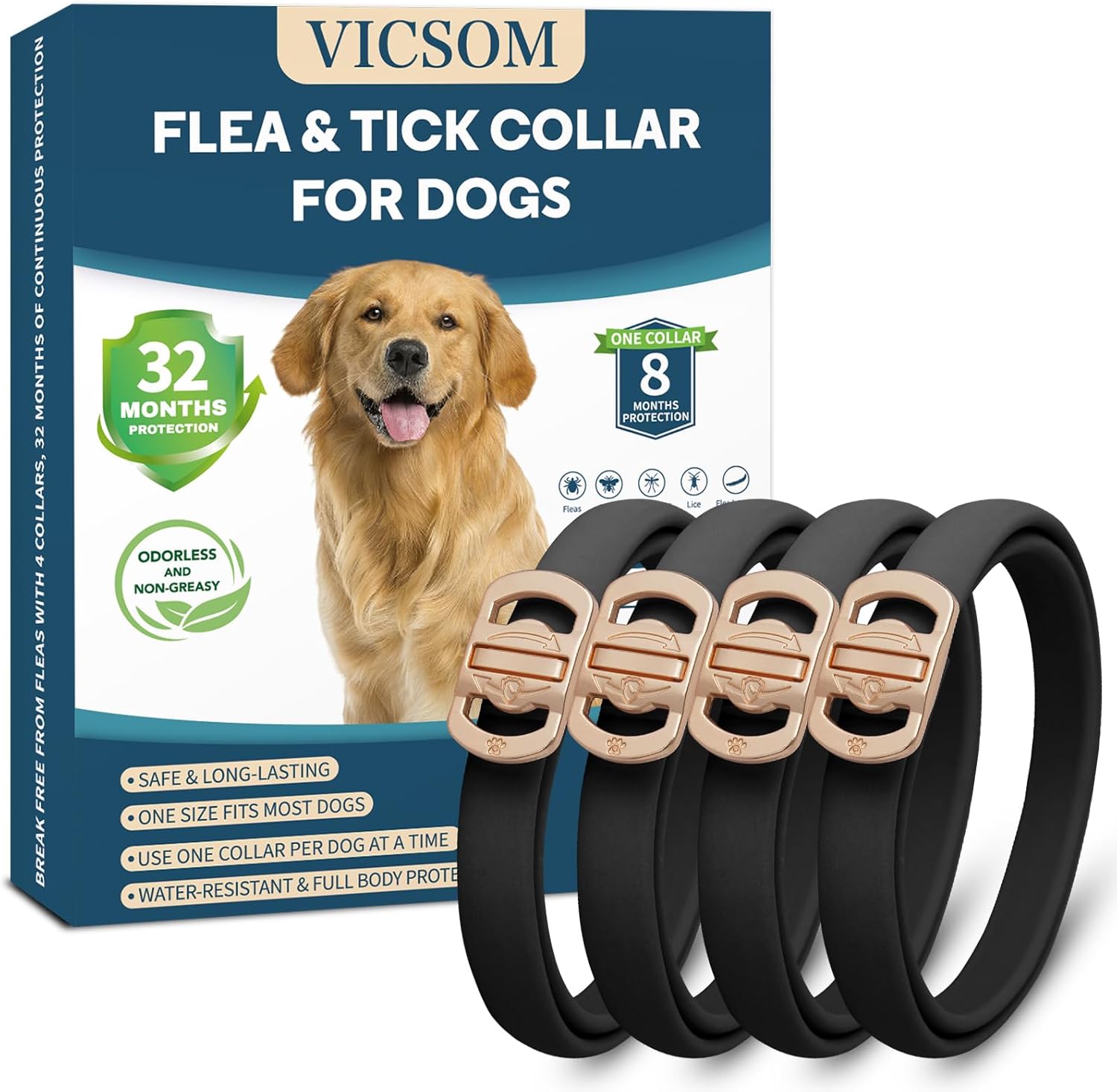 VICSOM Flea Tick Collar Dogs 4 Pack, 32 Months Waterproof Protection, Natural Adjustable for Small Medium Large Puppies Black
