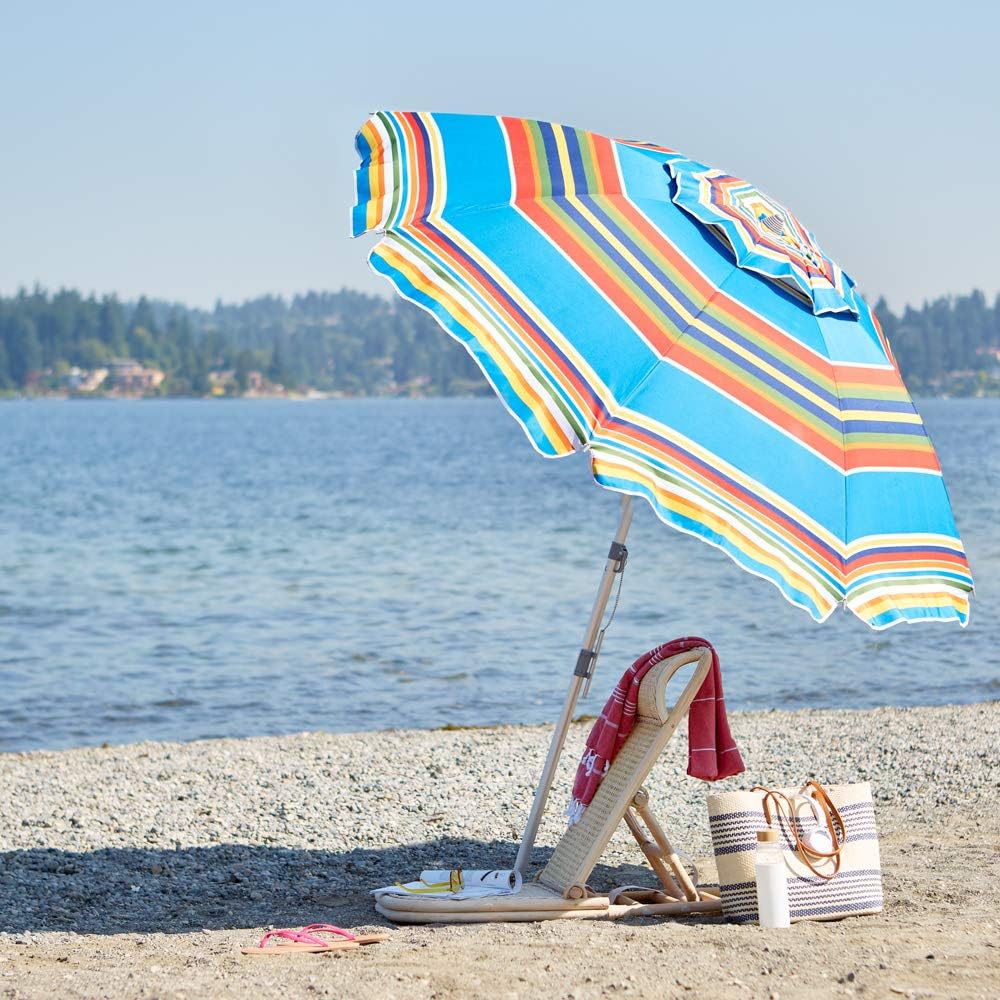 Amazon Basics Beach Umbrella - Blue/Red Striped