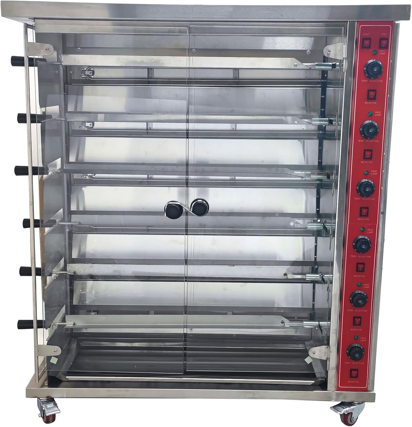 6-Roller Vertical Electric Chicken Roaster Oven Commercial Stainless Steel Rotary Chicken Rotisserie Machine Adjustable Firepower with Six Burners Six Brochettes 220V