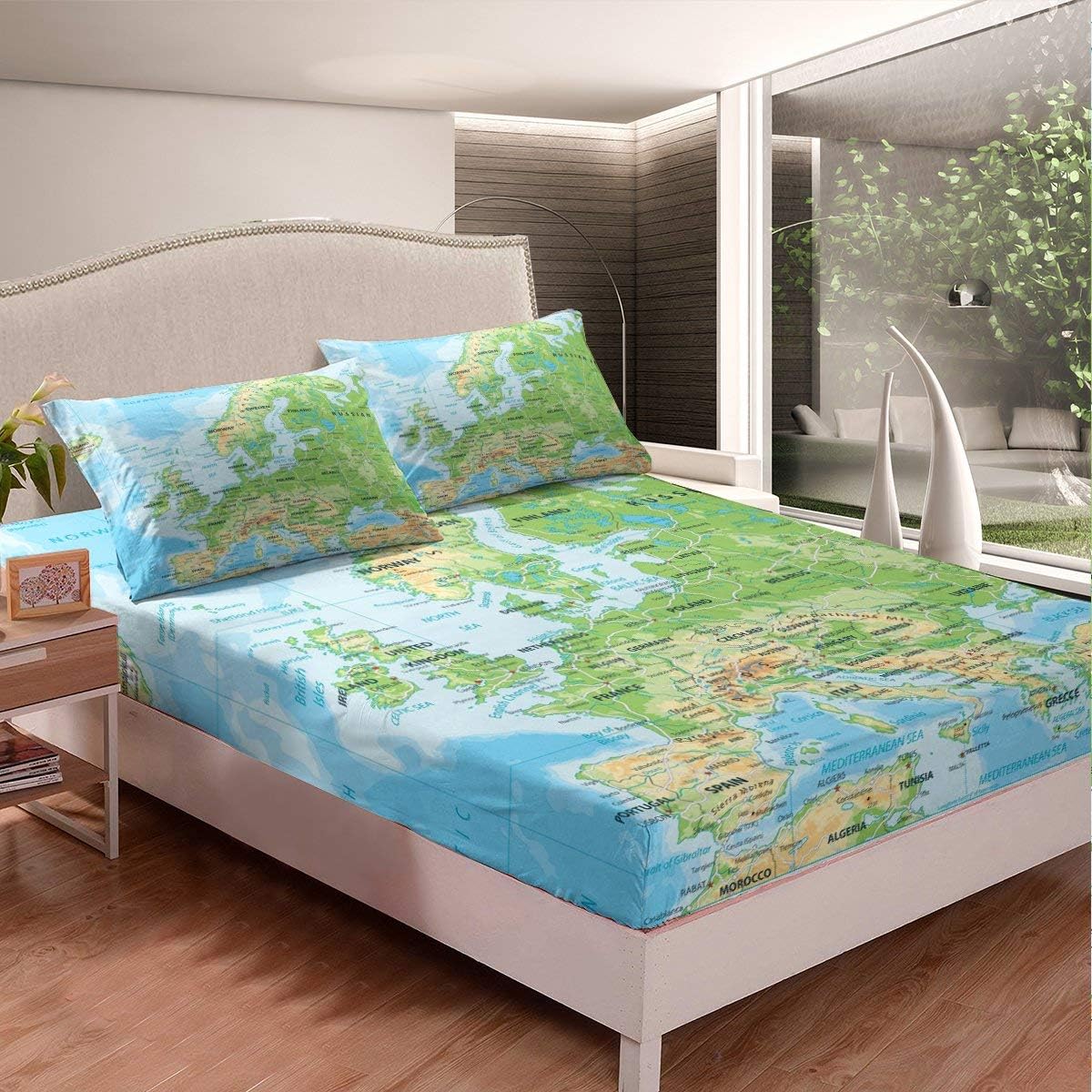 ErosebridalWorld Map Sheet Set Twin Size, Blue Ocean Bedding Set for Kids Boys Girls, Map of Various Countries Fitted Sheet Abstract Art Bed Sheet Teens Adult Dorm Decoration