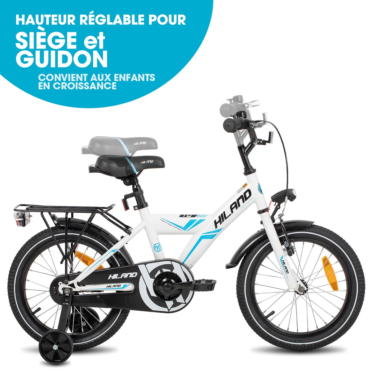 HILAND Sentry Vélo Enfant 16/18 Pouces, 4–8 Ans, pour Fille et Garçon, avec Porte-Bagages, Frein à Main et Frein Rétropédalage, Noir/Blanc