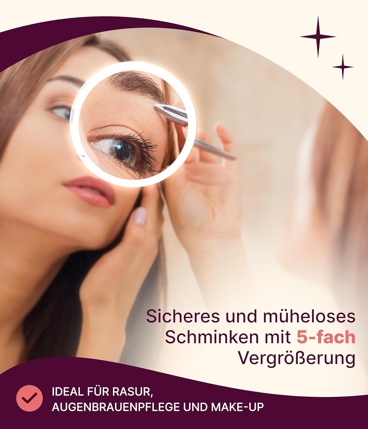 Fantasia 5X Cosmetic Magnifying, Portable Travel Make Acrylic Frame and Suction Cups, Round Makeup Mirror with x7 Zoom for Shaving, Tweezing, Hairdressing, Etc, Multicolored, Ø 23cm