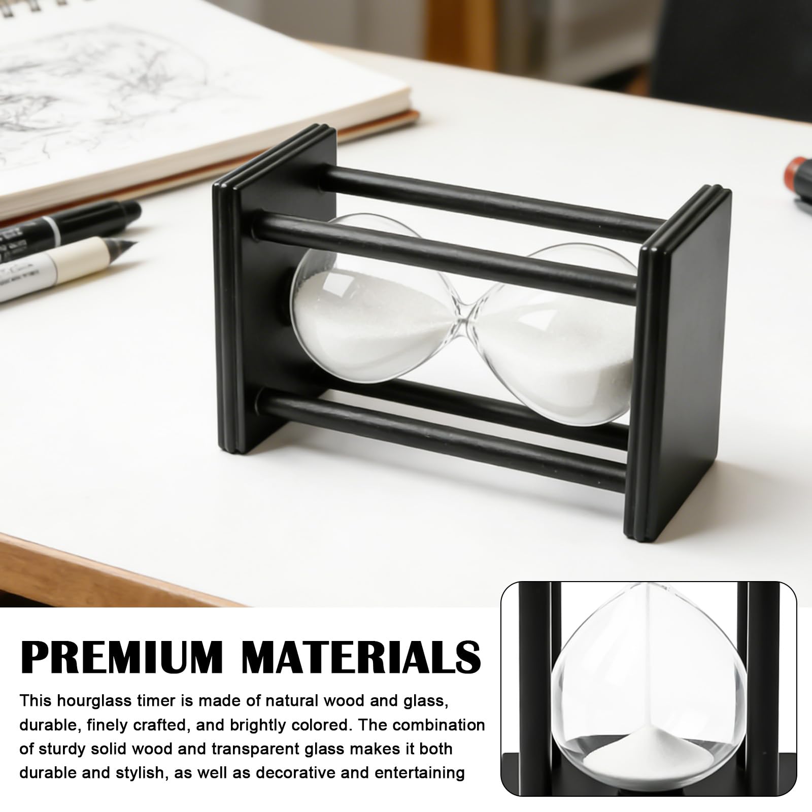 Clessidra 60 minuti: telaio in legno nero bianco sabbia clessidra timer, timer Hourglass sandglass 1 ora clessidra per ufficio soggiorno studio cucina decorazione 20 x 10 cm