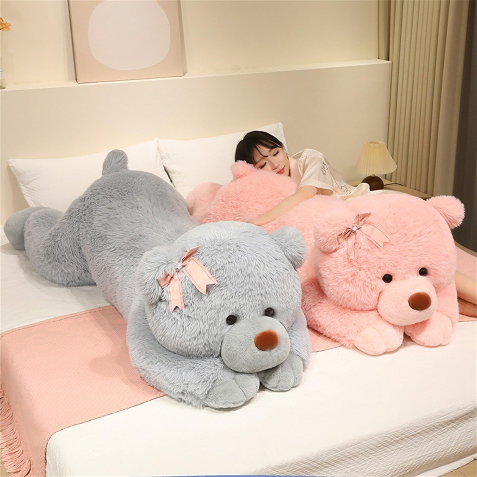 Niedlicher Rosa Teddybär Plüschtier, weicher liegender Bär Kuscheltier mit Schleife, süßes Plüschtier Teddy, weiches Stofftier Geschenk für Kinder Mädchen und Jungen (90cm,Fen)